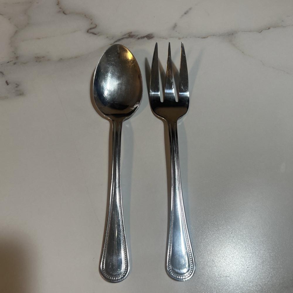 Gibson 18/0 Stainless Flatware Glossy BEADED Pattern Serving‎ Spoon, And Fork